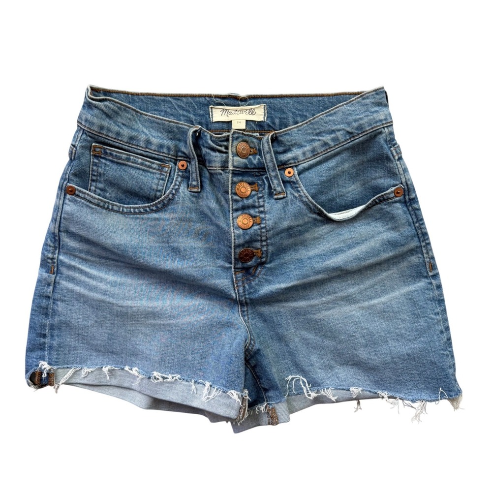 Madewell Women High-Rise Button Fly Denim Shorts Medium Wash‎ Blue Raw Hem Sz 24